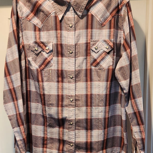 Wrangler Women's XL Western Shirt Blouse Gold Threading Pearl Look Snaps Plaid - Picture 1 of 16